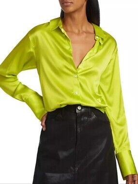 Frame The Standard Silk Button Down Shirt Neon Lime Green Size L